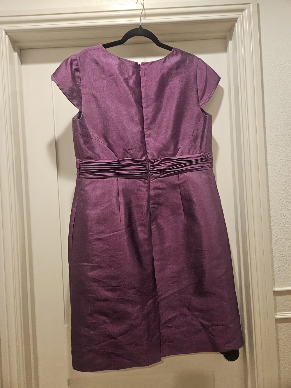 Adrianna Papell Plum Satin Cap-Sleeve Cocktail Dress - Picture 3 of 7
